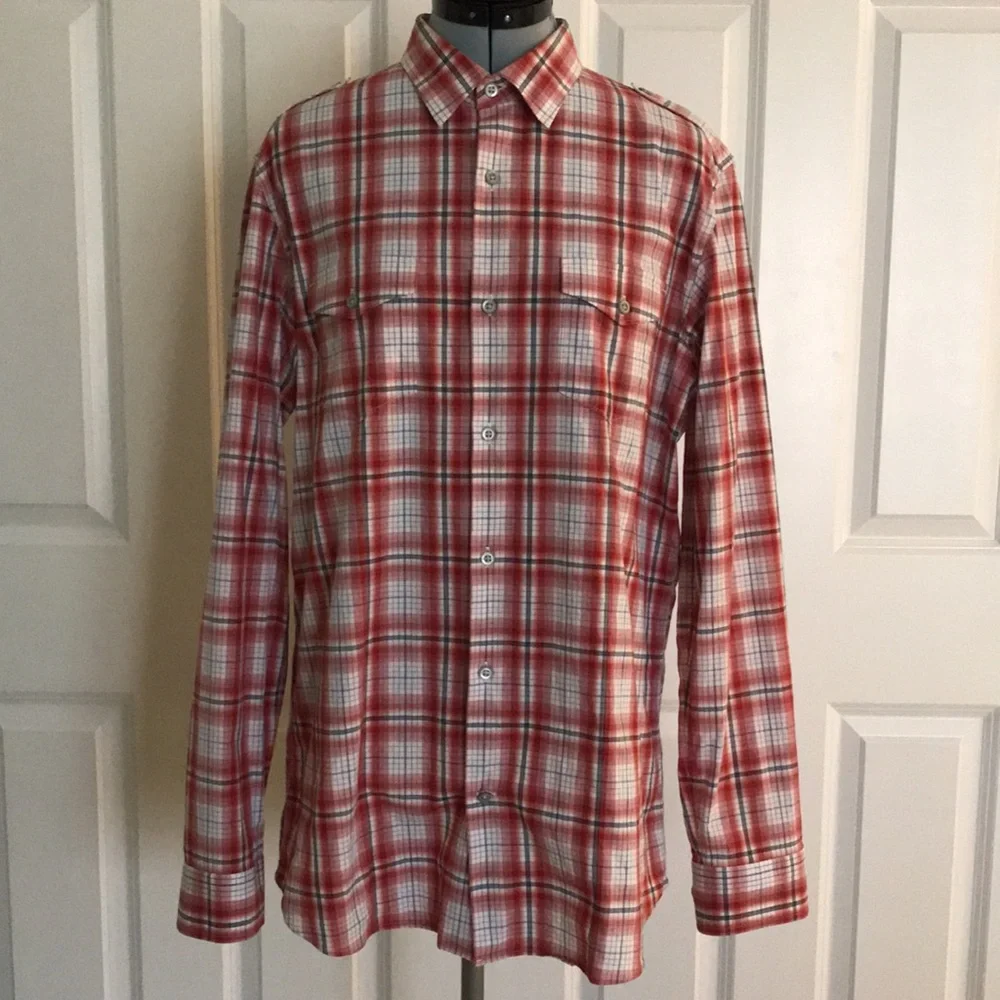 Banana Republic Red White Black Plaid Western Inspired Shirt Size L Tall 16”